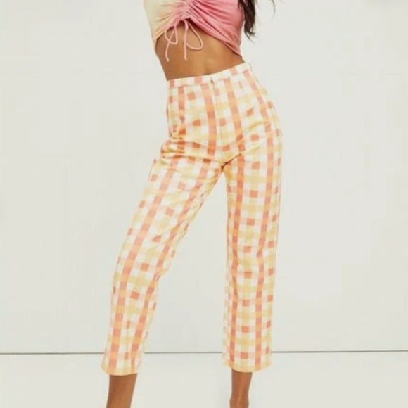 Free People "She's All That" Yellow/Orange Plaid Summer Pants - Size 12 - Picture 5 of 16